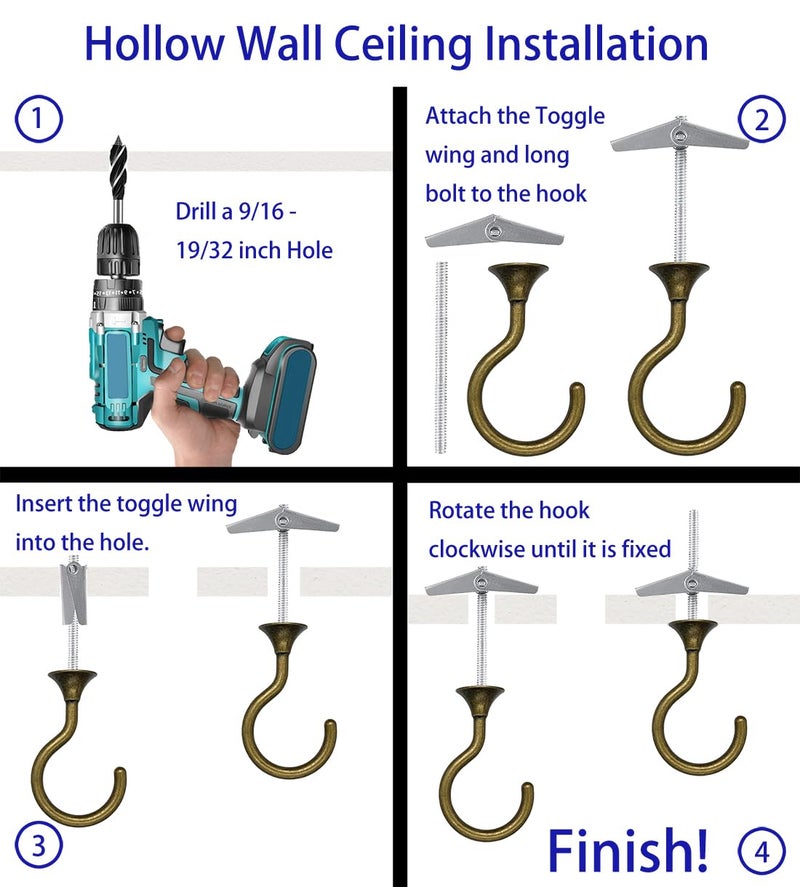 Evsteluo 2 Sets Large Swag Ceiling Hooks Heavy Duty Swag Hook with Hardware for Hanging Plants Ceiling Installation Cavity Wall Fixing (2 Sets  Antique Brass) - Image 5